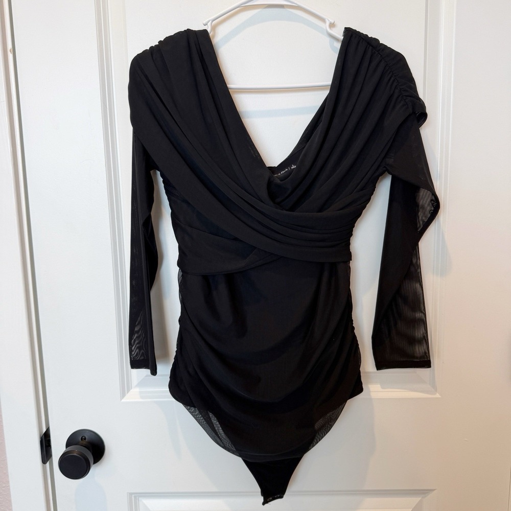 Abercrombie & Fitch Sheer Black Bodysuit Large Deep V Neck‎ Whimsy Soft